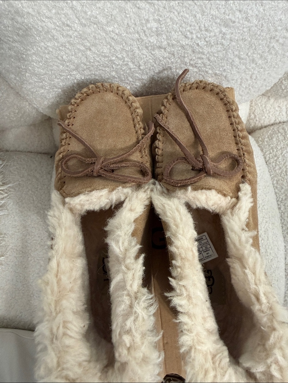 UGG Kids Chestnut Brown Suede Moccasin Slippers with Shearling Lining - Picture 5 of 11